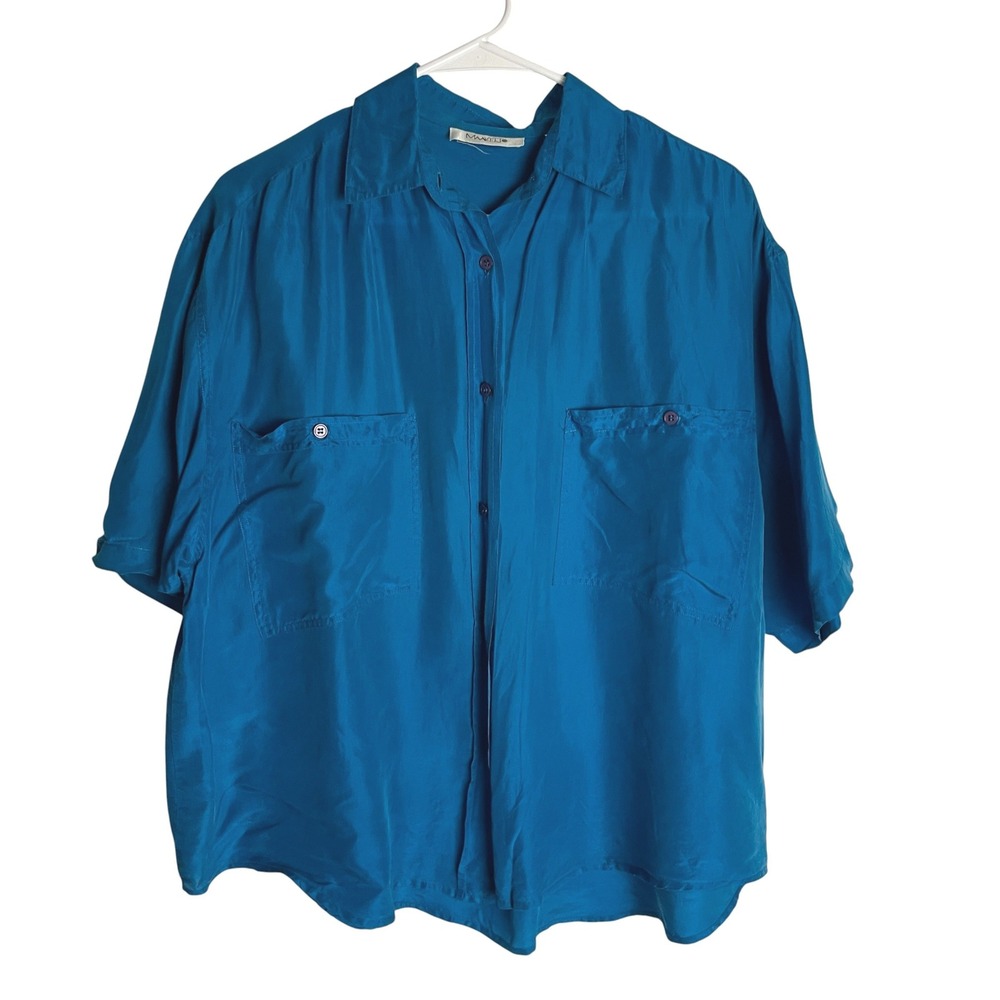 Vintage Maakett Womens Silk Button Down Shirt Size L Teal Blue Crop Boxy Beach